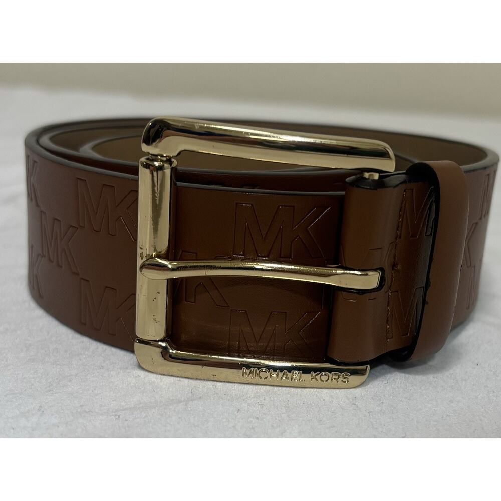 Vintage Michael Kors Unisex Brown Leather Belt Gold Hardware Size M Embossed